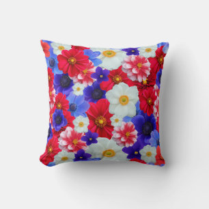 Blue, Red, White Flower Pattern Design Throw Pillo Cushion