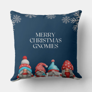 Blue Red White Gnomes Pun and Snowflakes Christmas Cushion