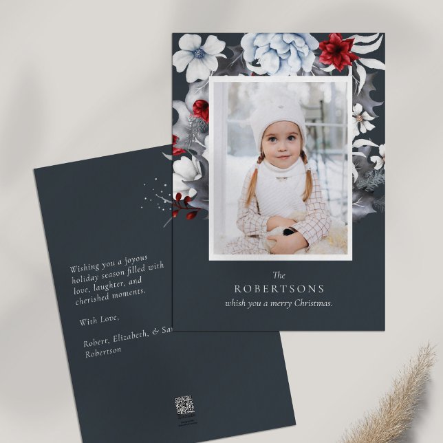 Blue Red White Holiday Botanical Christmas Card (Blue Red White Holiday Botanical Christmas Card on white table.)