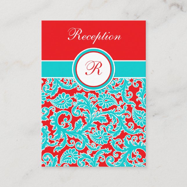 Blue Red White Monogram Damask Enclosure Card (Front)