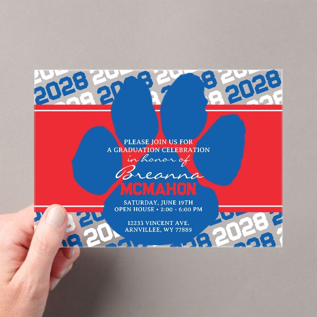 Blue, Red & White Pawprint Graduation Frosted Acrylic Invitations (Insitu (Handheld))