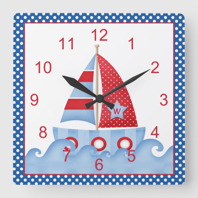 Blue Red White Sailboat Clock (Front)