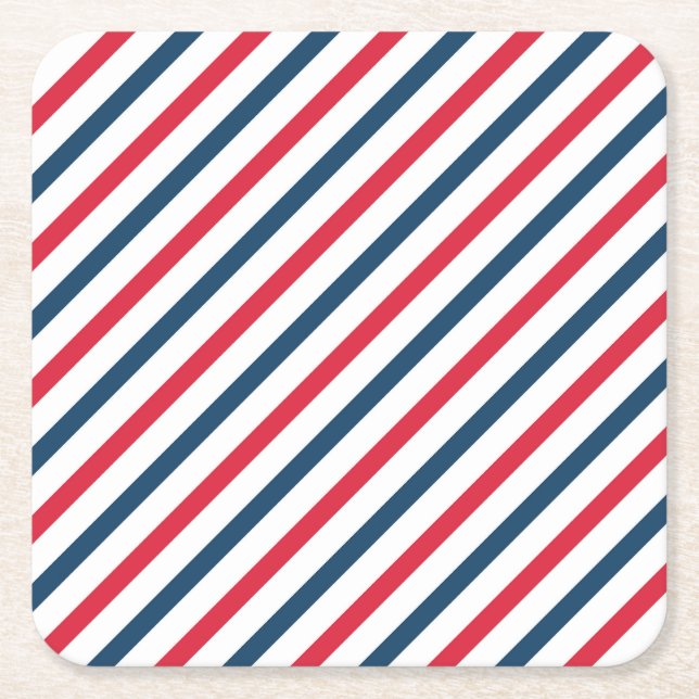 Blue, Red & White Striped Square Paper Coaster (Front)