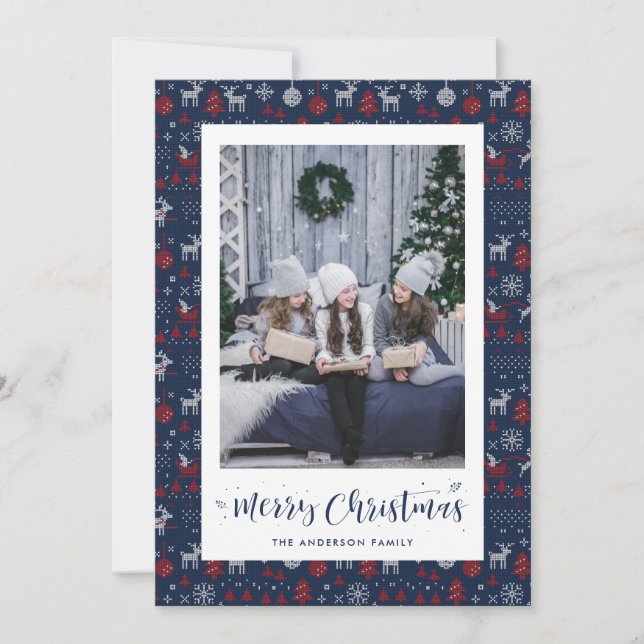 Blue Red White Ugly Sweater Photo Christmas Cards (Front)