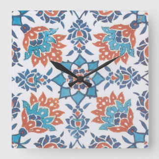 Blue Red White Vintage Floral Art Tile Square Wall Clock