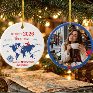 Blue Red World Map Travel Photo Keepsake Ceramic Tree Decoration