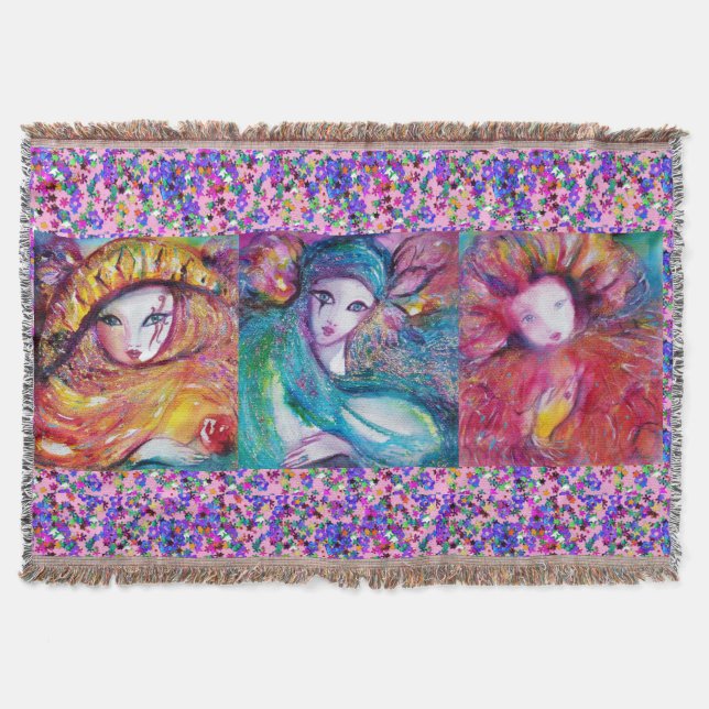 BLUE,RED,YELLOW CARNIVAL MASKS WITH CONFETTI THROW BLANKET (Front)