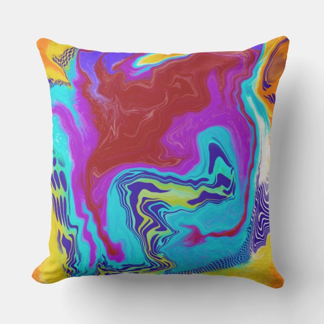 Blue, red, yellow Fluid Art Digital Pour Painting Cushion (Front)