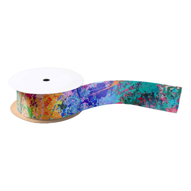 Blue Red Yellow Green Pink Teal Splash Abstraction Satin Ribbon (Spool)