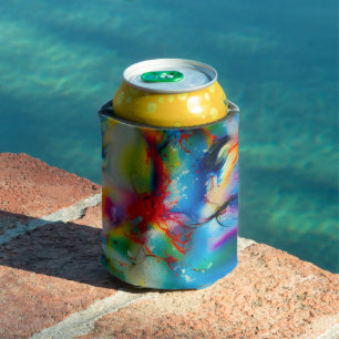 Blue Red Yellow Green Watercolor Abstraction Can Cooler