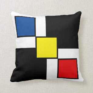 Blue Red Yellow  Squares on Black White Cushion