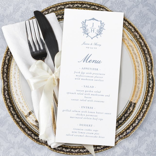 Blue Regency Floral Crest Monogram Wedding  Menu (Creator Uploaded)