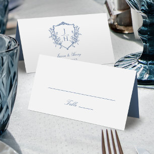 Blue Regency Floral Crest Monogram Wedding  Place Card