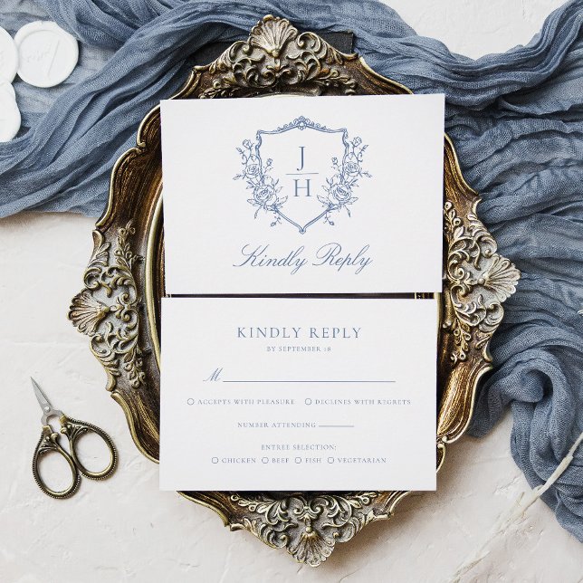 Blue Regency Floral Crest Monogram Wedding  RSVP Card (Creator Uploaded)