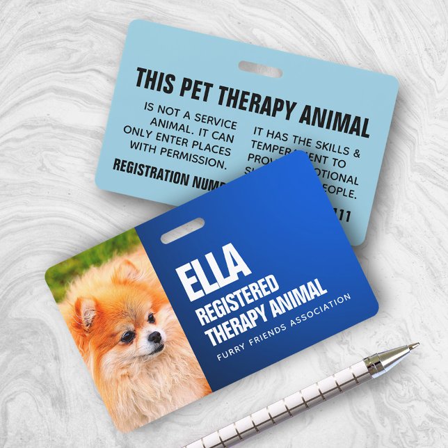 Blue Registered Therapy Animal Custom Photo ID ID Badge (Creator Uploaded)