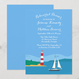 Blue Rehearsal Dinner Nautical Lighthouse Sailboat Invitation