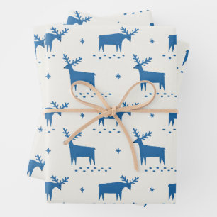 Blue Reindeer Christmas   Cute Nordic Holiday Wrapping Paper Sheet