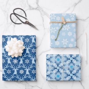 Blue Reindeer Christmas Pattern Wrapping Paper Sheet