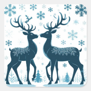 Blue Reindeer Family Silhouette In Winter Snow Square Sticker