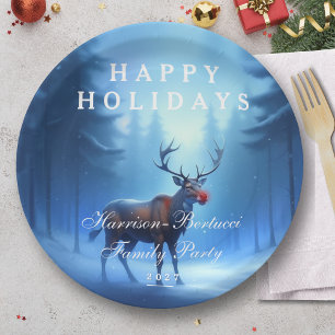 Blue Reindeer Happy Holidays Family Party Paper Plate