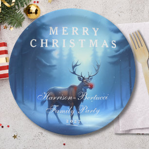 Blue Reindeer Merry Christmas Family Party Paper Plate