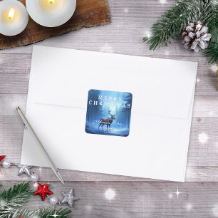 Blue Reindeer Merry Christmas Family Square Sticker