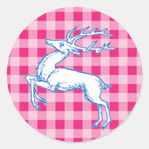 Blue Reindeer Pink Gingham Classic Round Sticker