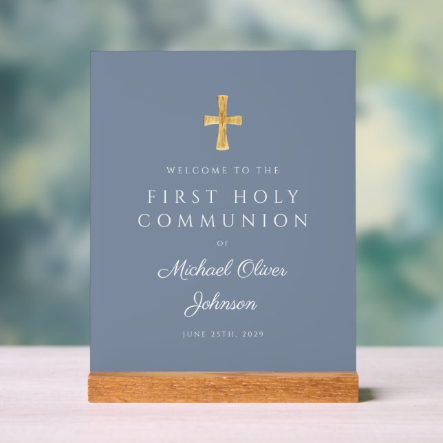 Blue Religious Boy First Communion Welcome Acrylic Sign (Neutral)