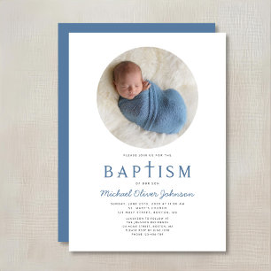 Blue Religious Cross 1 Photo Boy Baptism Invitation