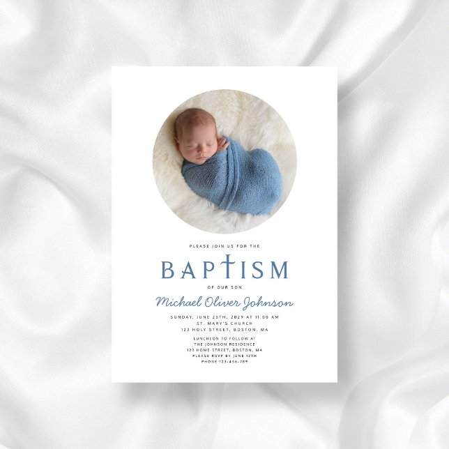 Blue Religious Cross 1 Photo Boy Baptism Invitation (Blue Religious Cross 1 Photo Boy Baptism Invitation)