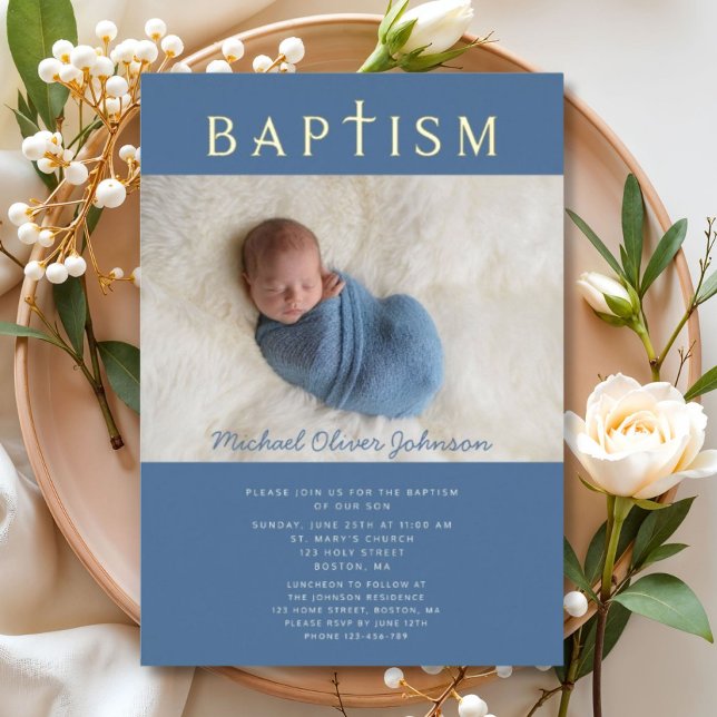 Blue Religious Cross Boy Baptism Photo Gold (Blue Religious Cross Boy Baptism Photo Gold Foil Invitation)