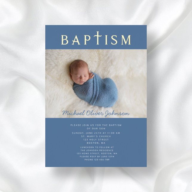 Blue Religious Cross Boy Baptism Photo Gold (Blue Religious Cross Boy Baptism Photo Gold Foil Invitation)