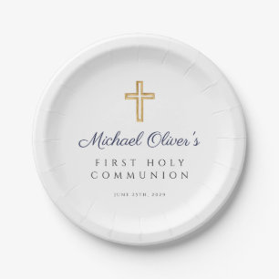 Blue Religious Cross Boy First Communion Paper Plate