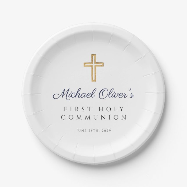 Blue Religious Cross Boy First Communion Paper Plate (Front)