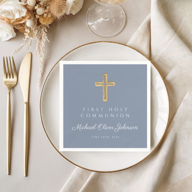 Blue Religious Cross Dusty Boy First Communion  Napkin (Modern Navy Blue Religious Boy First Communion Napkins)