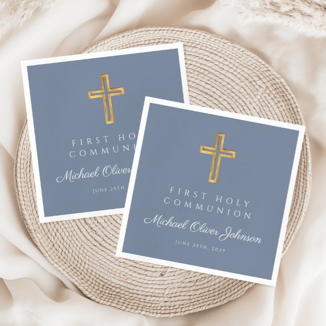 Blue Religious Cross Dusty Boy First Communion  Napkin (Blue Religious Cross Dusty Boy First Communion Napkins)