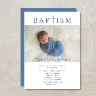 Blue Religious Cross Photo Boy Baptism  Invitation