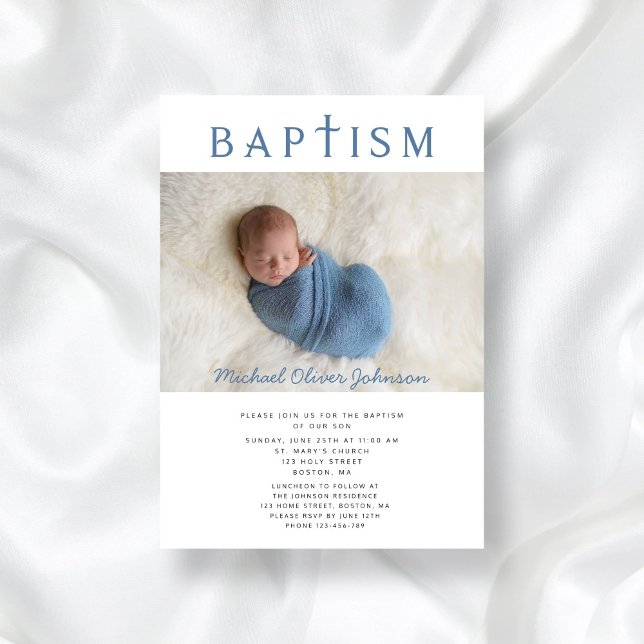 Blue Religious Cross Photo Boy Baptism  Invitation (Blue Religious Cross Photo Boy Baptism Invitation)