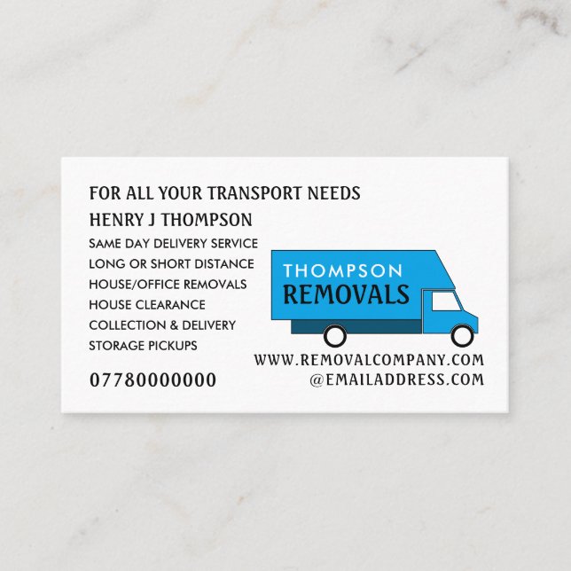Blue Removal Van, Removal Company Business Card (Front)