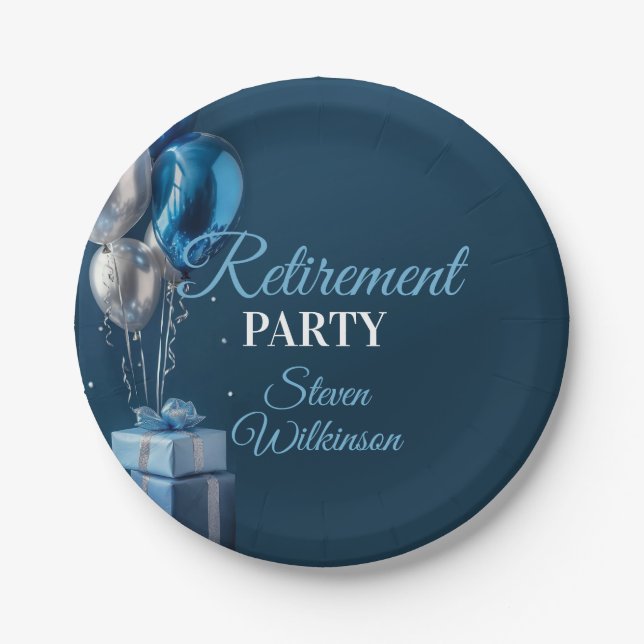 Blue Retirement Party Balloon Gifts Paper Plate (Front)