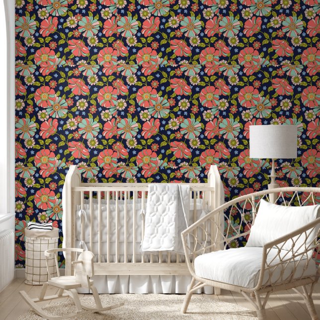 Blue Retro 70s Floral Pattern Wallpaper (Kids)