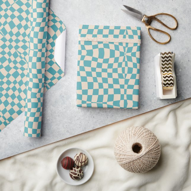 Blue Retro 70s Groovy wavy checkered Pattern Wrapping Paper (Crafts)
