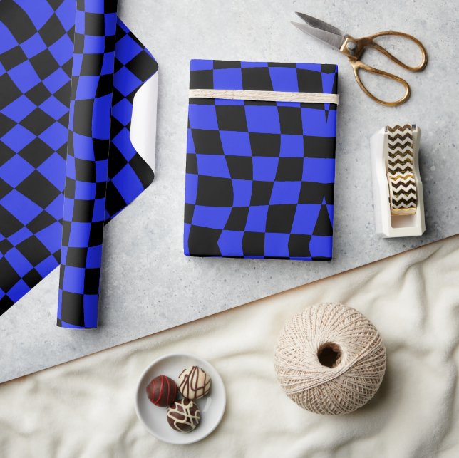 Blue Retro 70s wavy checkered Pattern Wrapping Paper (Crafts)