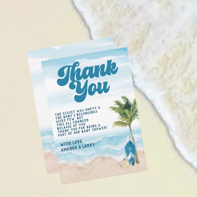 Blue Retro Baby On Board Surf Baby Shower  Thank You Card (Creator Uploaded)