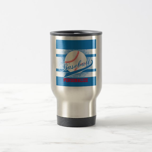 Blue Retro Baseball Style Travel Mug (Center)