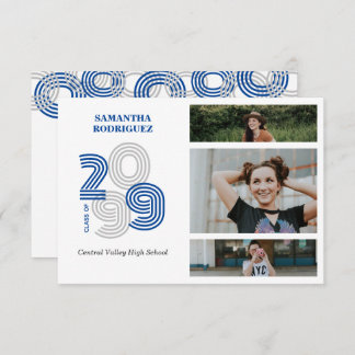 Blue Retro Big Numbers 3-Photo Graduation Invitation