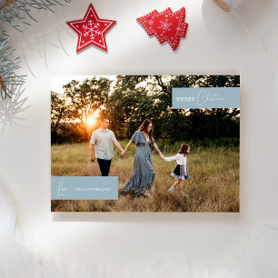 Blue Retro Boho Minimalist Family News Photo Holiday Card