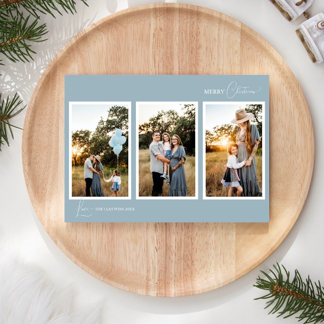 Blue Retro Boho Minimalist Five Photo Collage Holiday Card (Creator Uploaded)