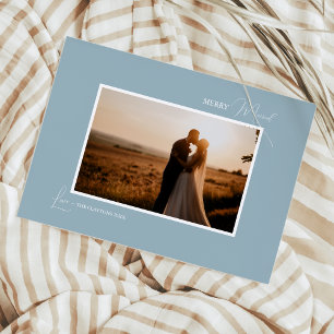 Blue Retro Boho Minimalist Merry Married Photo Holiday Card