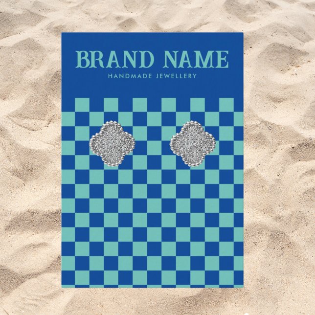Blue Retro Bold Groovy Earrings Display Business Card (bold retro earring display for stud earrings with a colorful coastal beach vibe blue checkerboard)